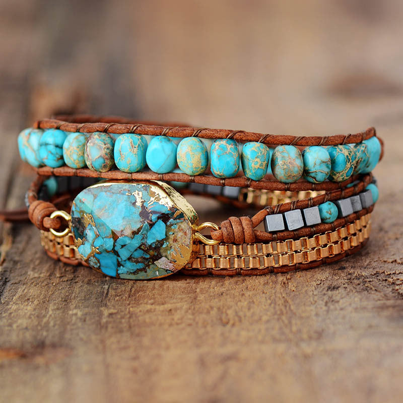 Armband "Zahra" – Turquoise met Gevlochten Leren Koord