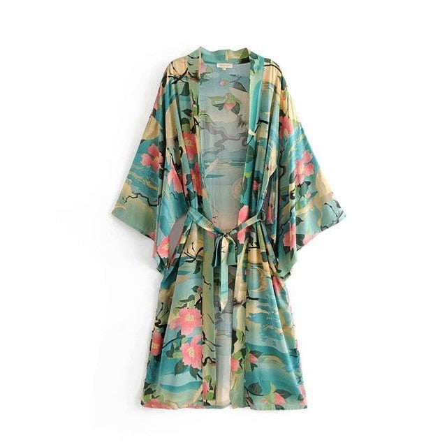 Kimono "Salma" – Groene Vintage Print Maxi Cardigan