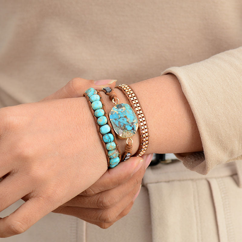Armband "Zahra" – Turquoise met Gevlochten Leren Koord