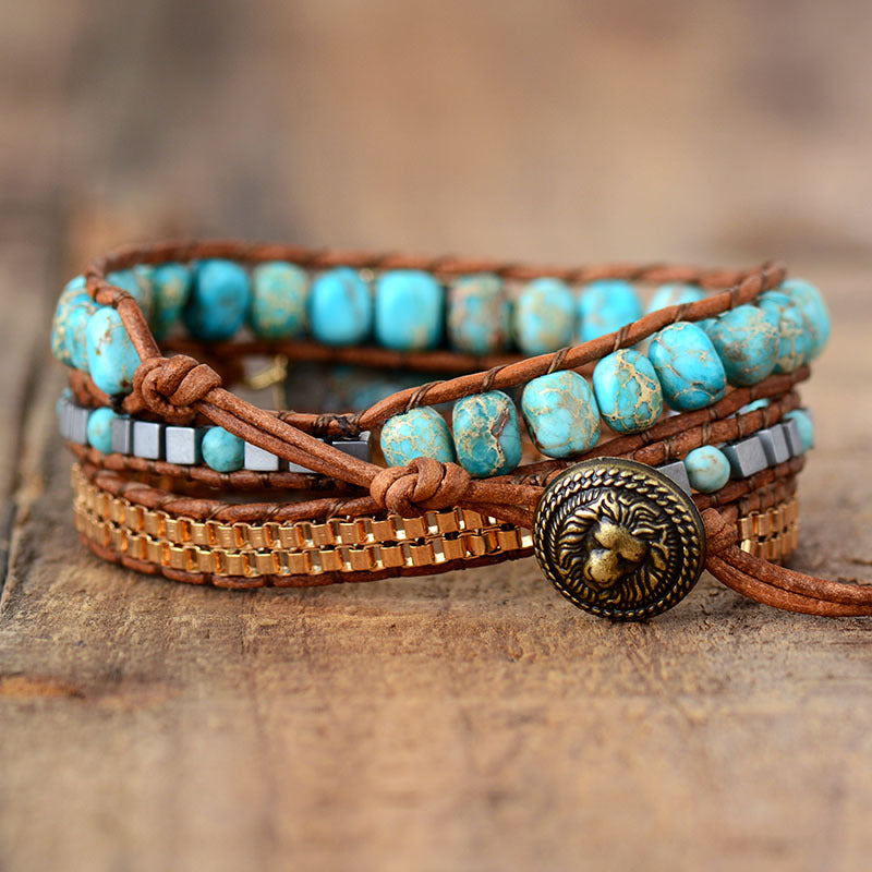 Armband "Zahra" – Turquoise met Gevlochten Leren Koord