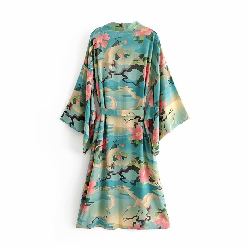 Kimono "Salma" – Groene Vintage Print Maxi Cardigan