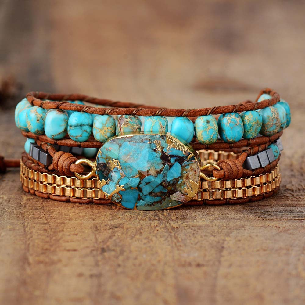 Armband "Zahra" – Turquoise met Gevlochten Leren Koord