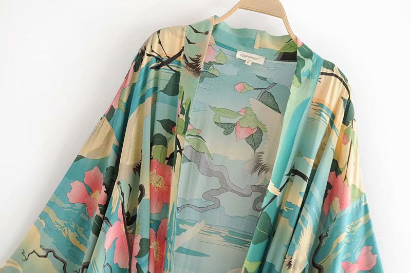 Kimono "Salma" – Groene Vintage Print Maxi Cardigan