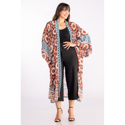 Kimono "Isla" – Geometrische Print met Blauwgroene Boord